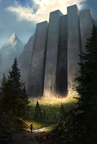 person in front of gray concrete building surrounded by trees, fantasy art