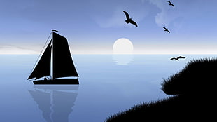 sailboat on water with birds painting, digital art, landscape, water, sea