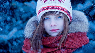 white, red, and pink beanie, funny hats, blue eyes, woolly hat, children HD wallpaper