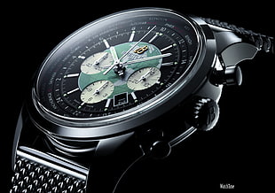 round black and silver-colored chronograph watch with Milanese loop, watch, luxury watches, Breitling