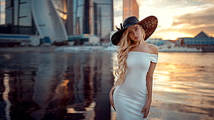 women's white off-shoulder dress, women, model, Georgy Chernyadyev, blonde