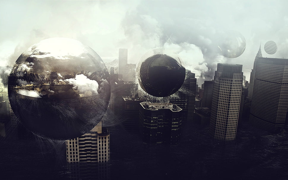 round black and gray metal frame, abstract, sphere, old building HD wallpaper