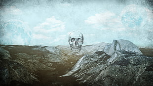 white skull illustration, mountains, skull