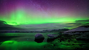 green northern lights, aurorae, sky, nature, lake