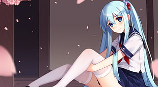 blue haired female animated character HD wallpaper
