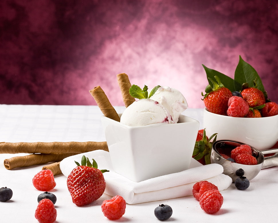 strawberry flavored ice cream scoops on white ceramic bowl HD wallpaper