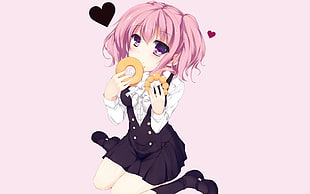 pink haired anime girl eating doughnuts HD wallpaper