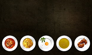 five white ceramic plates with different foods placed on black surface HD wallpaper