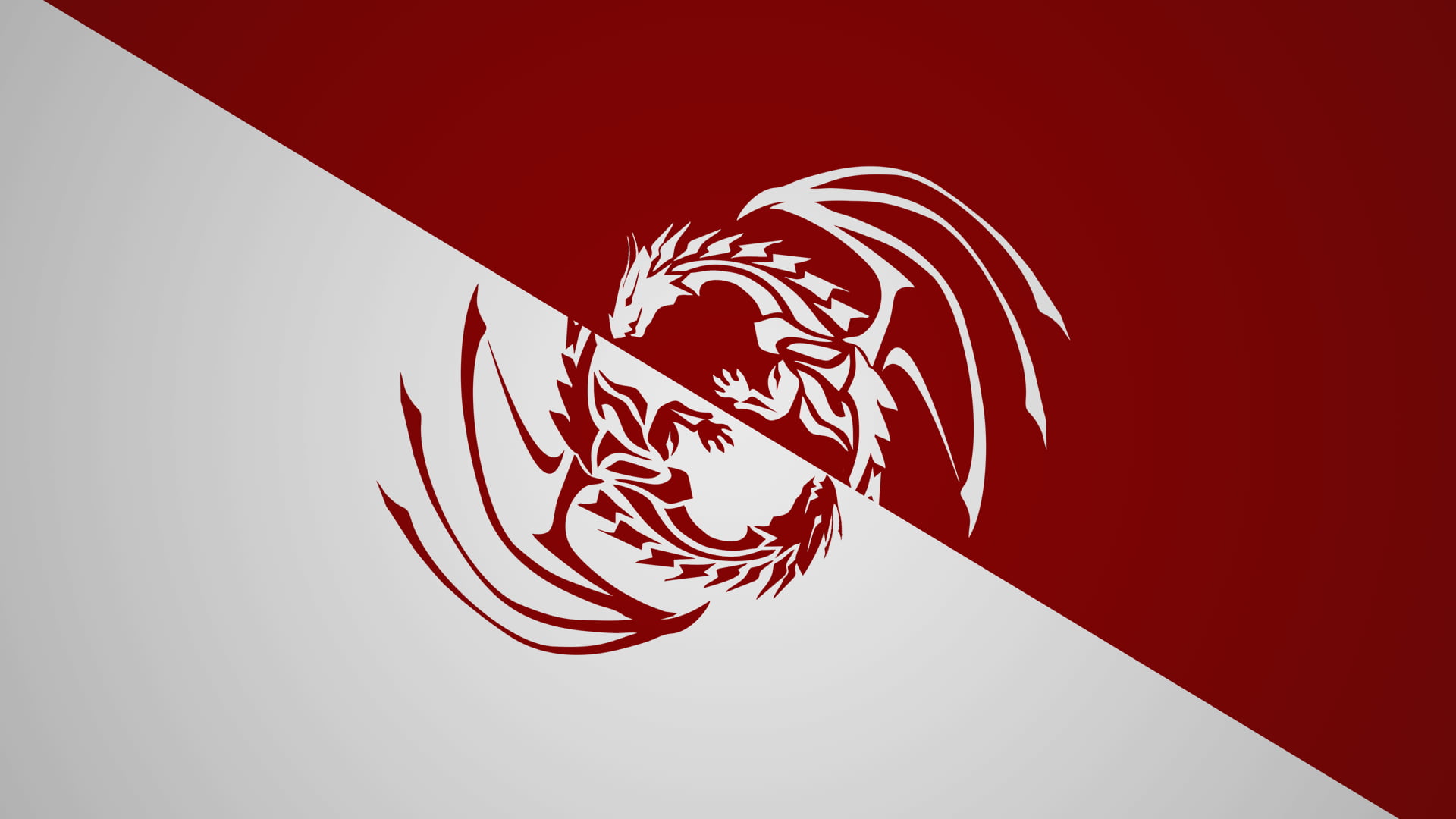 red and white inverted dragon logo, dragon, Ying Yang, Yin and Yang, red