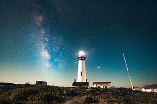 white lighthouse, space, stars, nature HD wallpaper