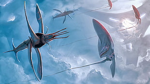 several gray fictional creatures in flight, fantasy art, 2007 (Year), Alex Ries HD wallpaper