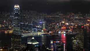aerial view of buildings, Hong Kong, Victoria Harbour, night, cityscape