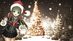 green haired female anime character wearing Santa cap