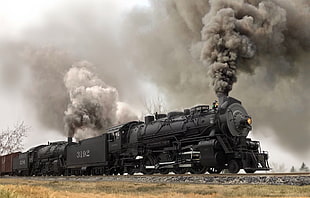 black and gray train toy, train, smoke, steam locomotive, vehicle HD wallpaper