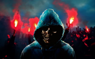 skeleton wearing blue hoodie wallpaper, hoods, skull