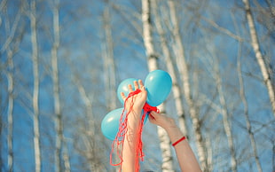 human hands holding up three blue balloons with bare trees in background