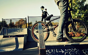 black BMX bike, BMX, jeans, park