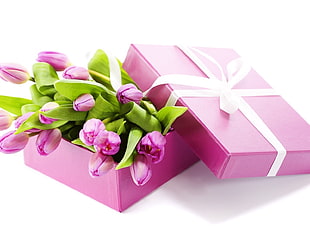 purple tulip bouquet in purple gift box