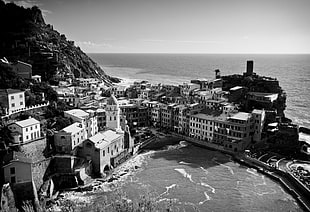 gray scale photo of city view beside sea, vernazza HD wallpaper