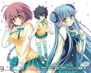 three female anime characters digital wallpaper