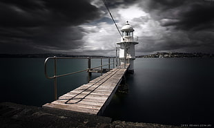 photo of white watch tower with dock HD wallpaper