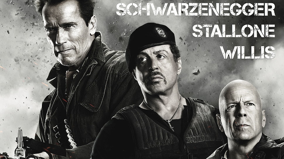 grayscale photo of Arnold Schwarzenegger, Sylvester Stallone, and Bruce Willis, movies, Sylvester Stallone, Bruce Willis, Arnold Schwarzenegger HD wallpaper