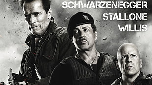 grayscale photo of Arnold Schwarzenegger, Sylvester Stallone, and Bruce Willis, movies, Sylvester Stallone, Bruce Willis, Arnold Schwarzenegger HD wallpaper