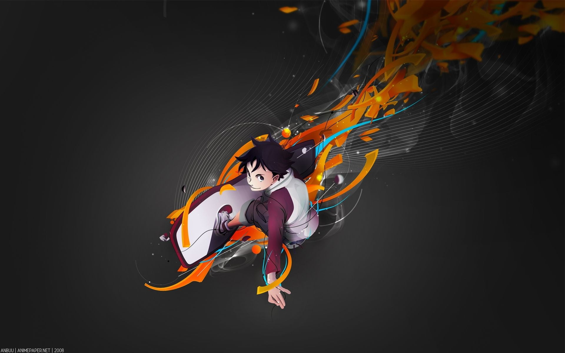 black haired boy riding snowboard wallpaper, Eureka Seven, anime, Thurston Renton, artwork