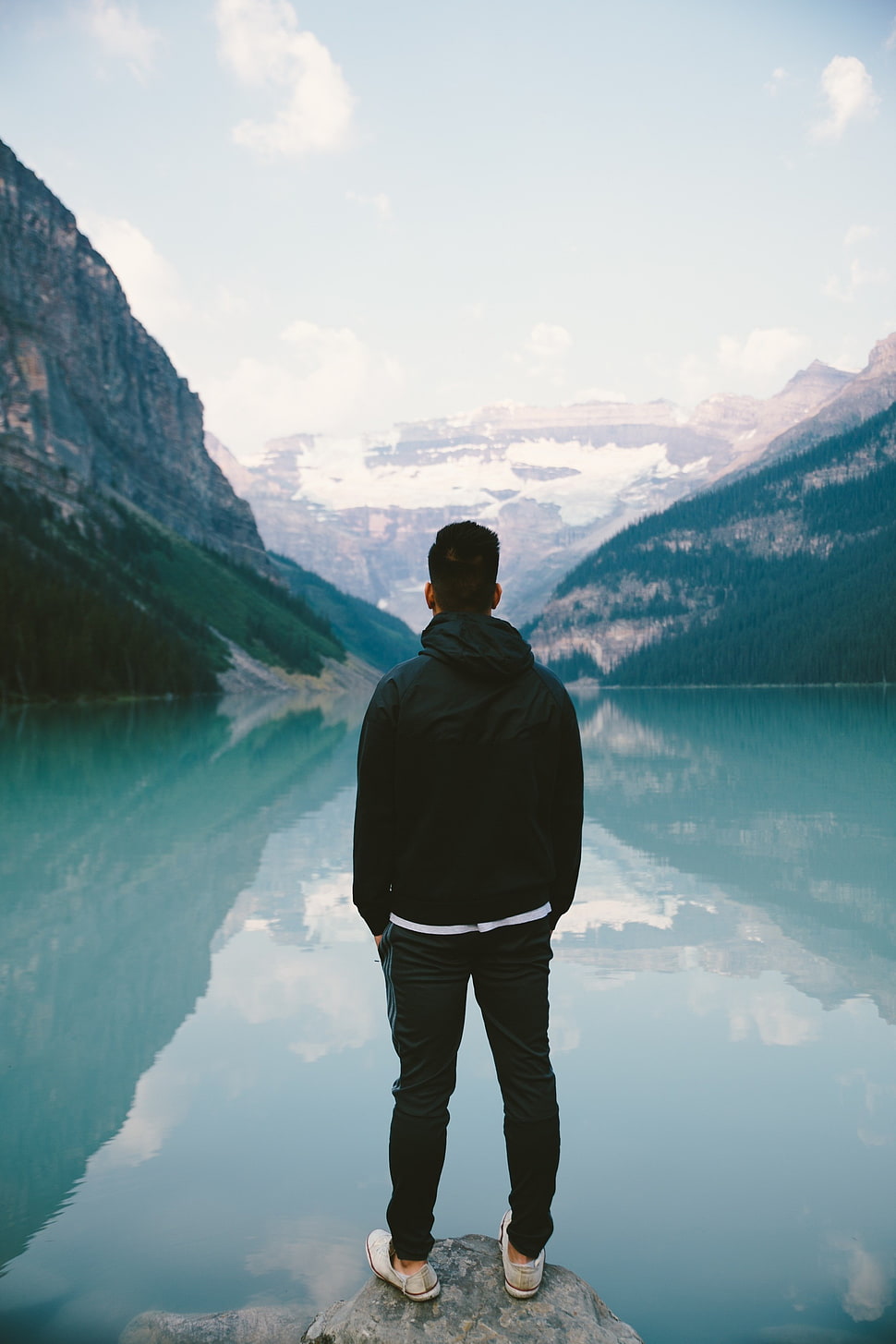men's black hooded jacket, winter, landscape, trees HD wallpaper