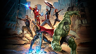 green and brown ceramic figurine, The Avengers, Iron Man, Hulk, Thor