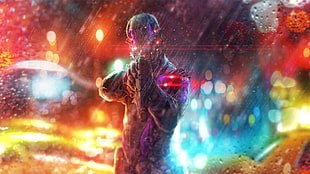 person holding rifle bokeh photography, cyberpunk, gun, rain, lights