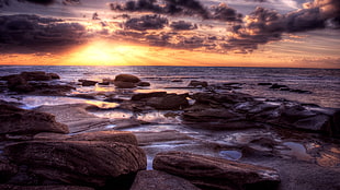 rocks in body of water, landscape, HDR, nature, sunset