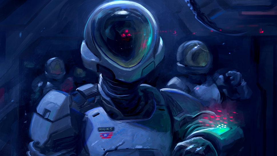three robots illustration, digital art, futuristic, astronaut, helmet HD wallpaper