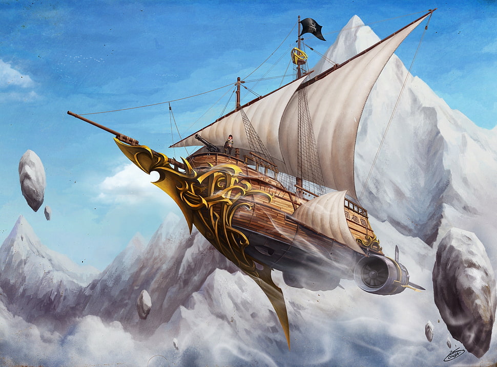 brown and white flying galleon ship clip art, video games HD wallpaper