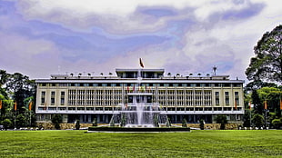 white concrete building and fountain, vietnamese, Vietnam, Independence Palace
