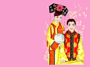 man and woman wearing traditional costumes illustration