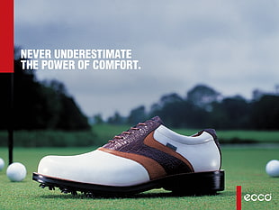 unpaired white-and-brown golf shoes screenshot HD wallpaper