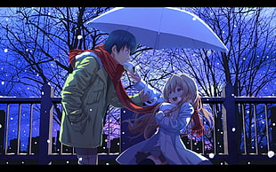 man and woman holding umbrella anime