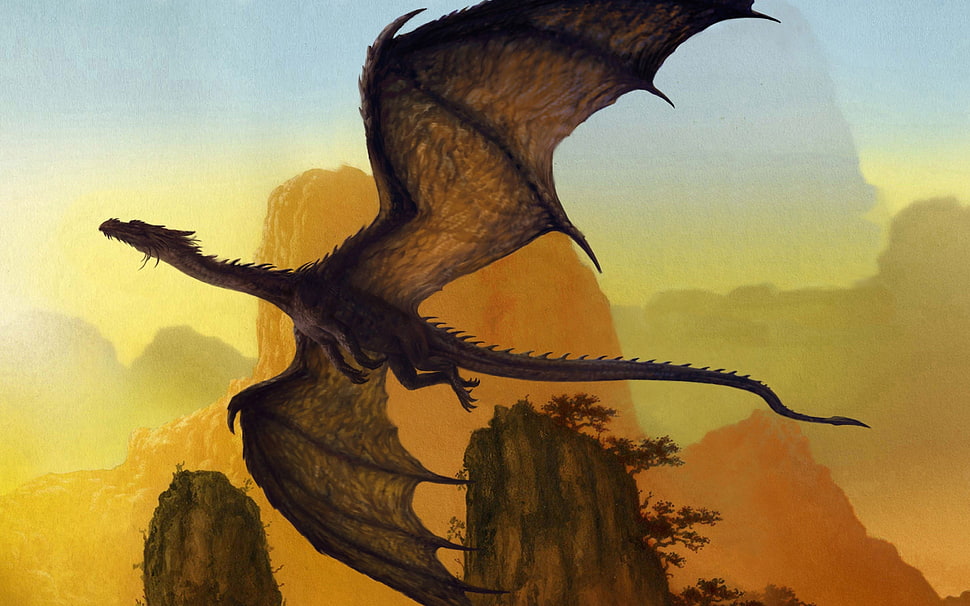 brown dragon illustration, dragon, fantasy art HD wallpaper
