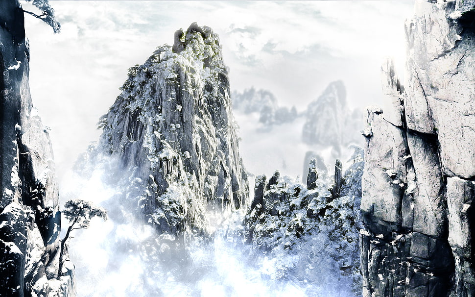 gray rock fragments covered with white snow during daytime HD wallpaper
