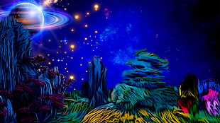 mountains under blue sky with planet digital wallpaper, artwork, space, planet, Saturn