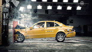 yellow sedan, artwork, commercial, Mercedes Benz, car