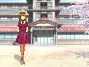 female anime character wearing purple dress digital wallpaper