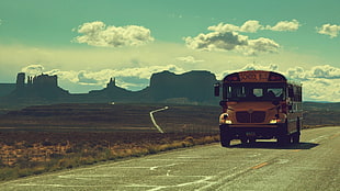 yellow and black school bus, landscape, old car