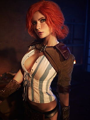 women's white and gray striped lace-front top, The Witcher, cosplay, The Witcher 3: Wild Hunt, video games