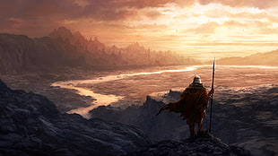 man standing on rock mountain holding spear digital wallpaper, spear, city, landscape, fantasy art