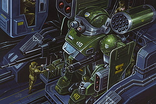 green robot digital wallpaper, robot, science fiction, artwork