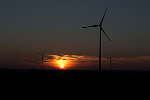 three black windmills, sunset,  Romania, wind turbine HD wallpaper