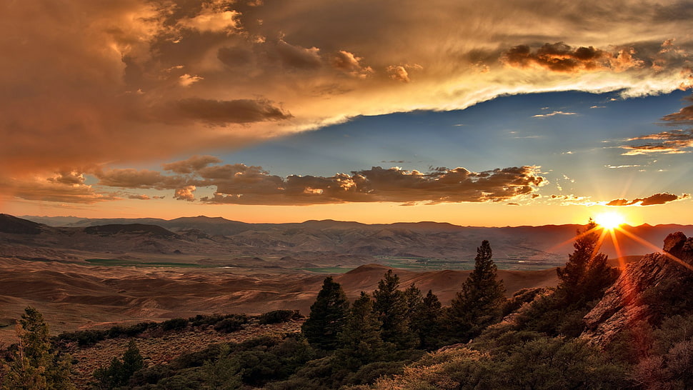 pine trees, sunset, clouds, valley, desert HD wallpaper