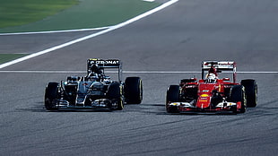 black and red F1 cars, Formula 1, Mercedes F1, Sebastian Vettel, Nico Rosberg